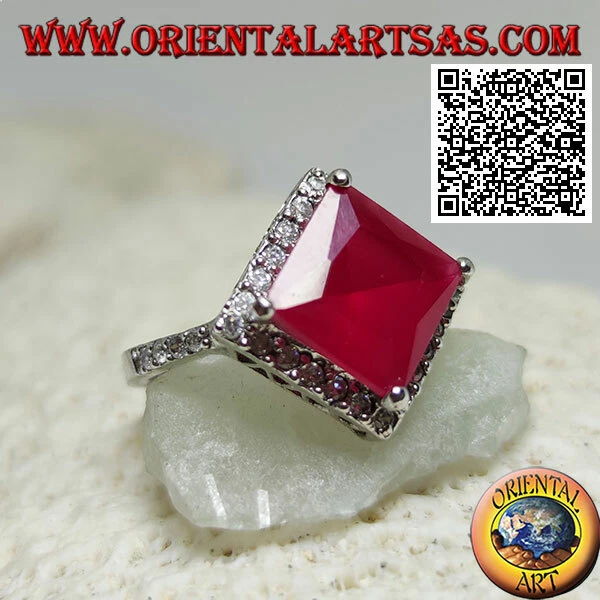 Anello in Argento 925‰ rubino sintetico quadrato romboidale e zirconi bianchi - Immagine 1 di 1
