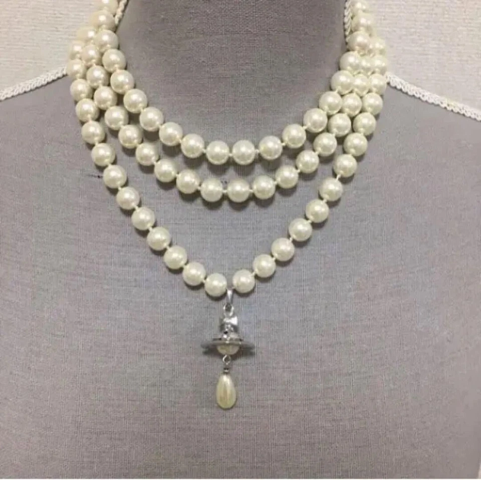 Vivienne Westwood Collar Triple Perla Falsa Gota Plata Blanco con Cordón Foto 1 de 4