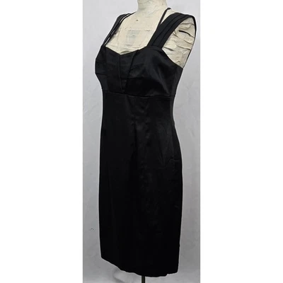 Vestido Vaina Calvin Klein Negro Satinado Plisado Correa Cuello Corazón Cóctel M Foto 1 de 4
