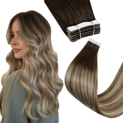 HETTO TAPE-IN HUMAN HAIR EXTENSIONS 18" 50G BALAYAGE BROWN-BLONDE #3/8/22 SLIM PACK UK