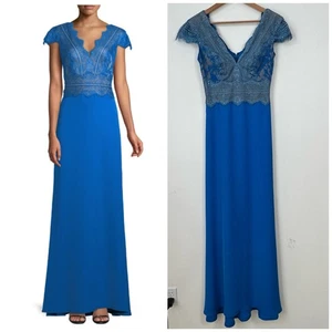 Tadashi Shoji Nolan Lace Bodice Gown Size 2 Azure Blue Lined Scalloped Neckline - Picture 1 of 16