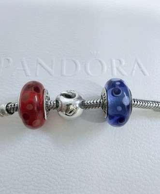 Lot of 3 Authentic Pandora Charms - Red & Blue Murano Glass + Apple, No Bracelet - Image 1 of 4