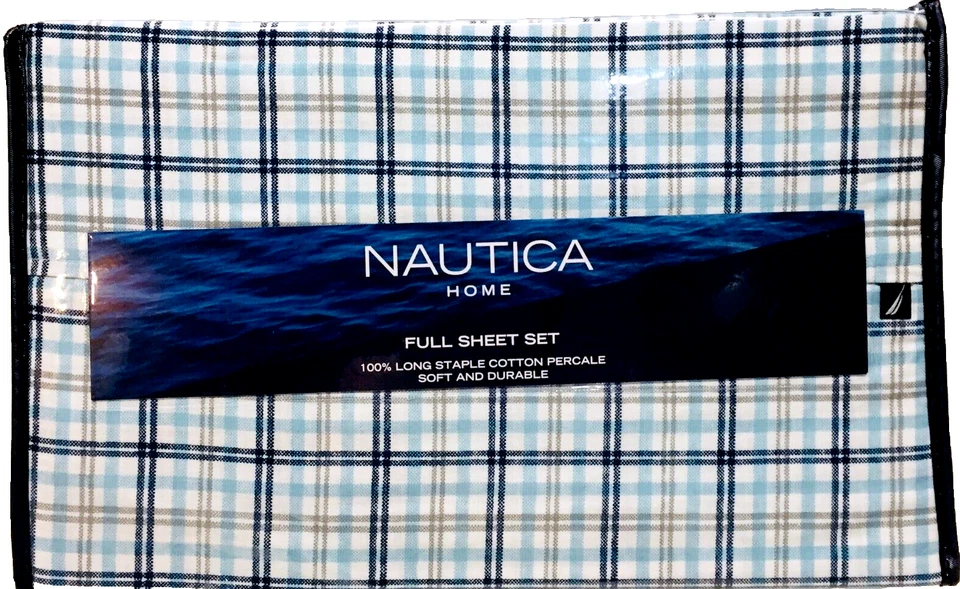 4 件装 Nautica 全套 Cool Crisp PERCALE 长钉棉蓝色格子豪尔赫 — 第 1/4 张图片