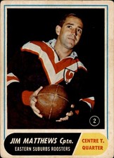 Scanlens 1969  RUGBY LEAGUE CARD. Jim Matthews . Eastern Suburbs Roosters. No.2