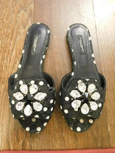 DOLCE & GABBANA Flower Crystals Brooch Slides Sandals Flats Black Polka Dot 36 - Picture 1 of 12