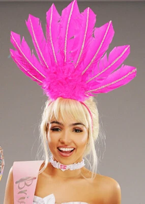 Womens Hen Party Bright Pink Feather Showgirl Headpiece Bride Tribe Headdress - Image 1 of 2
