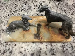 Antique vintage Marble Bronze Hunting Pointer Dog Fountain Pen Desktop Holder - Picture 1 of 9