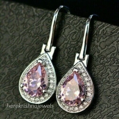 3CT Pear Lab Created Pink Diamond Women's Halo Drop Earrings 14K White Gold Over - Image 1 of 4
