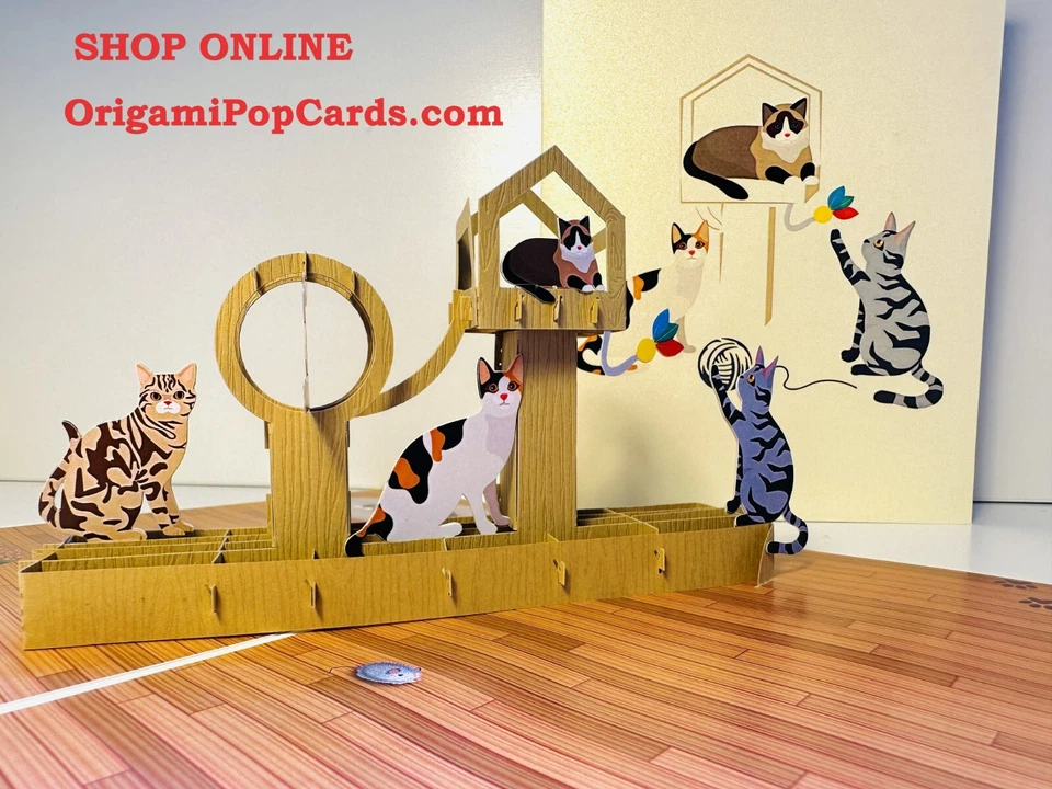 Tarjetas Pop Origami Madera Gato Árbol Purrrfect Tarjeta de Cumpleaños para Todo Gato Loco Amor Foto 1 de 4