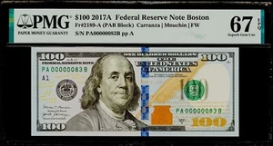 $100 2017A Federal Reserve Note Boston Fr#2189-A Serial # 83 PMG 67 EPQ Superb G - Picture 1 of 3