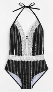 SHEIN Women's Crochet Lace Striped One Piece Swimsuit M - Picture 1 of 3
