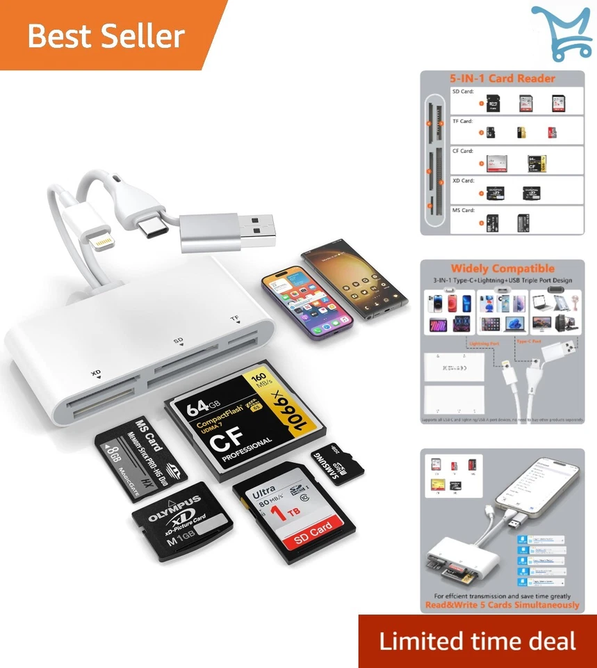 5-in-3 Memory Card Reader USB-C USB A SD TF CF Micro SD XD MS Compatible - Image 1 of 4