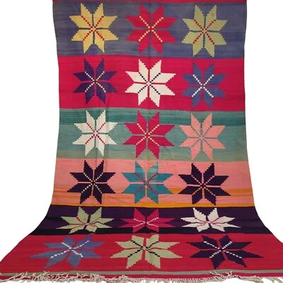 Vibrant Handmade Moroccan Rug Colorful Star Motifs Fringe Berber Tribal Carpet - Image 1 of 4