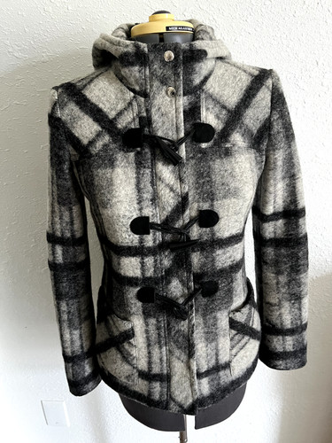 Cappotto con cappuccio Michael Kors grigio misto lana a quadri misto lana bottoni a scatto taglia 4