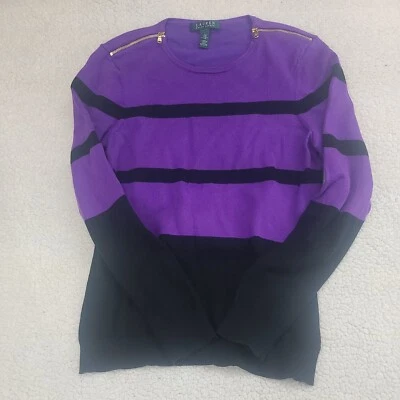 Suéter Lauren Ralph Lauren Mujer Grande Negro Púrpura Rayas Cremallera Mezcla Algodón Foto 1 de 4