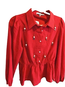 Red Long Sleeve Button Up Blouse Womens Medium Pearl Gold Love Charm Sweet Rain - Picture 1 of 6