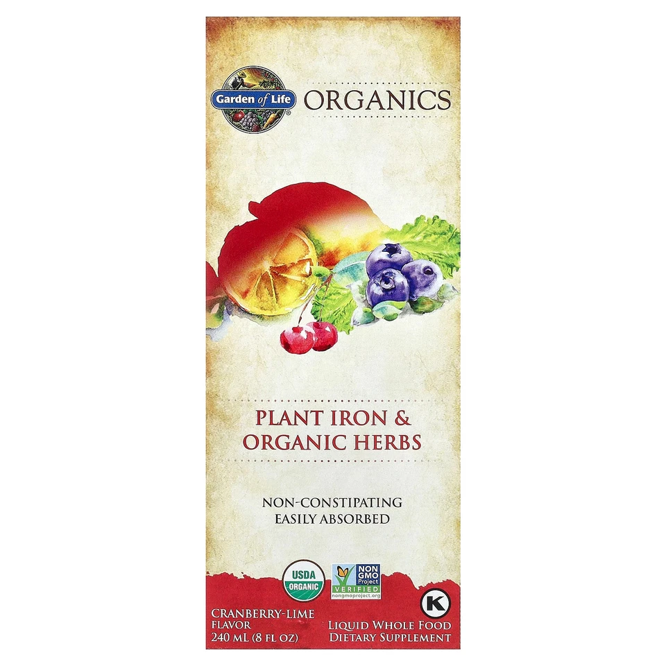 Organics, hierro vegetal y hierbas orgánicas, arándano-lima, 8 fl oz (240 ml) Foto 1 de 4