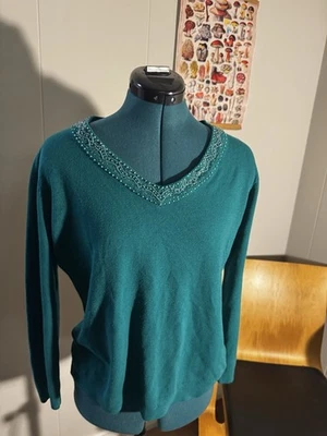 Laura Scott Holiday Green Embroidered Beaded Sweatshirt - Women's LP - Image 1 of 4