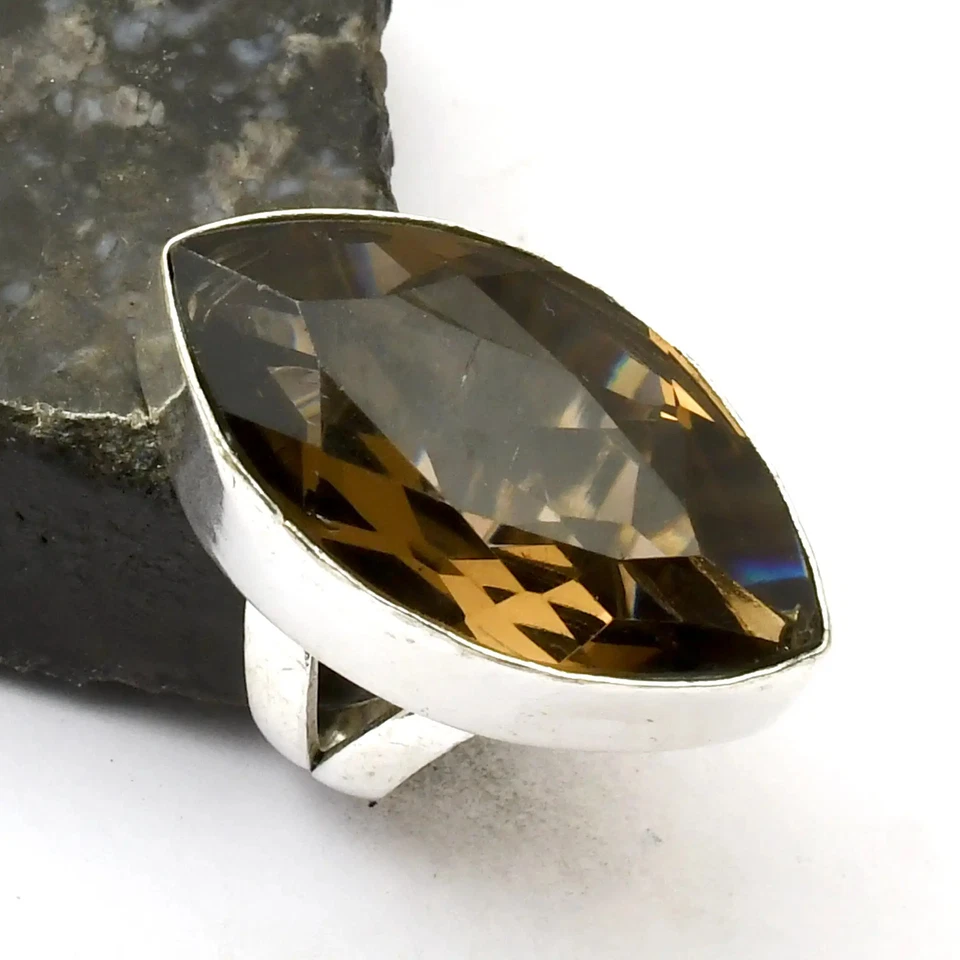 Anillo étnico hecho a mano de piedras preciosas de cuarzo ahumado joyería regalo EE. UU. talla 6,5 AR 41450 Foto 1 de 1