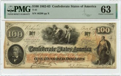 1862-63 $100 Confederate States of America T-41 PMG CH63 - Image 1 of 2