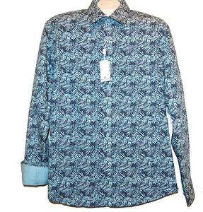 Bugatchi Men's Teal Floral Cotton Button Up Shirt Size L - Picture 1 of 9