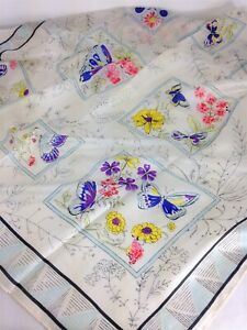 Vtg Scarf Silk Blend White/Silver Colorful Butterfly/Flowers Pattern 31" Sq.