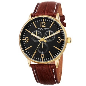 Men's Akribos XXIV AK769YG Gold-tone Quartz Multifunction Leather Strap Watch - Picture 1 of 4