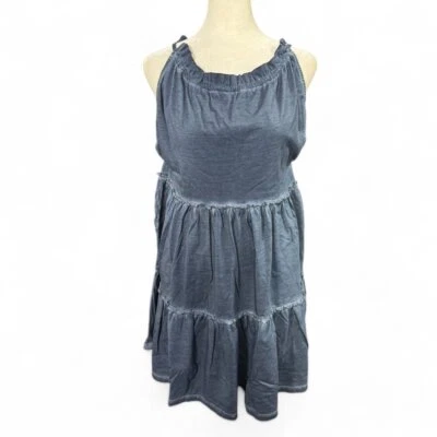 Asos Design Gathered Neck Tiered Mini Dress Blue Acid Wash Cotton Knit Size 6 - Image 1 of 4