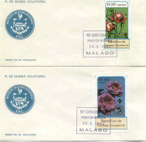 EQUAT GUINEA 1982 ROSES Flowers 75th Anniv BOY SCOUTS GOLD OP 2 SS 2 FDC - Image 1 of 1