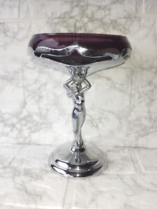 Vintage Art Deco Farber Bros New York Chrome Nude Stem Comport Purple Glass 