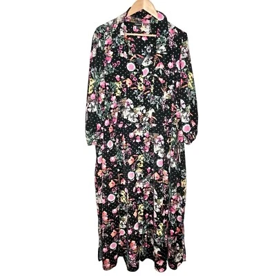 Torrid Floral Maxi Dress Black Womens 4X Cottagecore Polka Dot Work Long Sleeve - Image 1 of 4