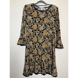 Michael Kors Women's Paisley Bell Sleeve Dress Black L Bohemian Feminine Classic - Picture 1 of 11