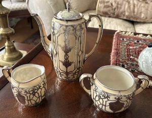 Vintage Lenox Porcelain Tea Set with Mauser Co. Sterling Silver Overlay - Picture 1 of 16