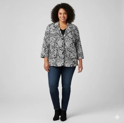 Blazer Alexandra Bartlett Mujer Vintage Mezcla Algodón Negro Blanco Flor Talla 22W Foto 1 de 4