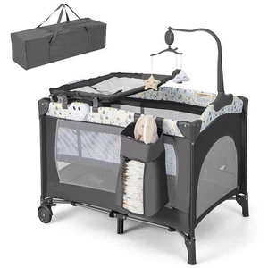 Multifunktionaler Baby Laufstall mit Matratze und abnehmbarem Wickeltisch - Grau - - Bild 1 von 5