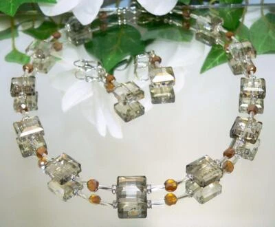 Schmuckset Halskette Ohrringe Perlen Glas Strass topas braun Modeschmuck  093i - Bild 1 von 4