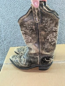 Old West Cowhide Western Boots Boys Size 3 Width D Vintage Charcoal Distressed - Picture 1 of 9