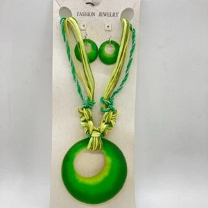 New Multi Strand Necklace Pierced Dangle Earrings Set Green Yellow Silver Thread - Picture 1 of 9