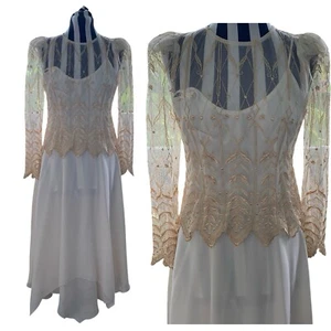 Vtg Cachet By Bari Protas Champagne Ivory Lace Maxi Dress 5 6 Victorian Wedding - Picture 1 of 15