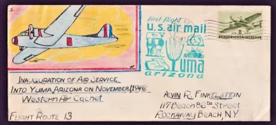 US #C26 FLIGHT COVER FROM YUMA AZ TO ROCKAWAY BEACH NY HANDDRAWN CACHET 1947 - Image 1 of 2