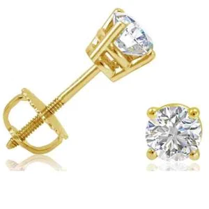 1/2ct tw Round Real Natural Diamond Stud Earrings in 14K Yellow Gold Screw Backs - Picture 1 of 12