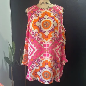 Chico's Damen Größe 2 Ärmellos Cold Shoulder Tunika Top Rosa Orange Print - Bild 1 von 10