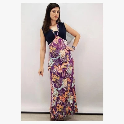 Vestido maxi vintage anos 60 anos 70 S colorido roxo flor estampa poderosa sem mangas boho - Imagem 1 de 4
