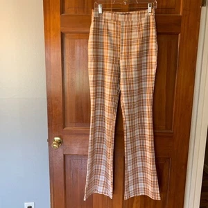 Missguided Flare Pants Womens 4 Orange Checkered Plaid Retro Vintage Look - Picture 1 of 6