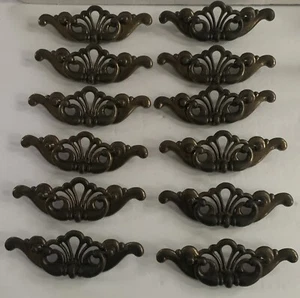 Lot of 12 VTG Drop Bail Drawer Pulls Batwing Brass Color Hardware Patina 6” READ - Picture 1 of 9