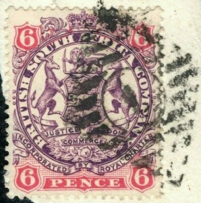 RHODESIA BSACo Stamp 6d Used Scarce BARRED DIAMOND NUMERAL Used Piece BLUE143 - Image 1 of 4