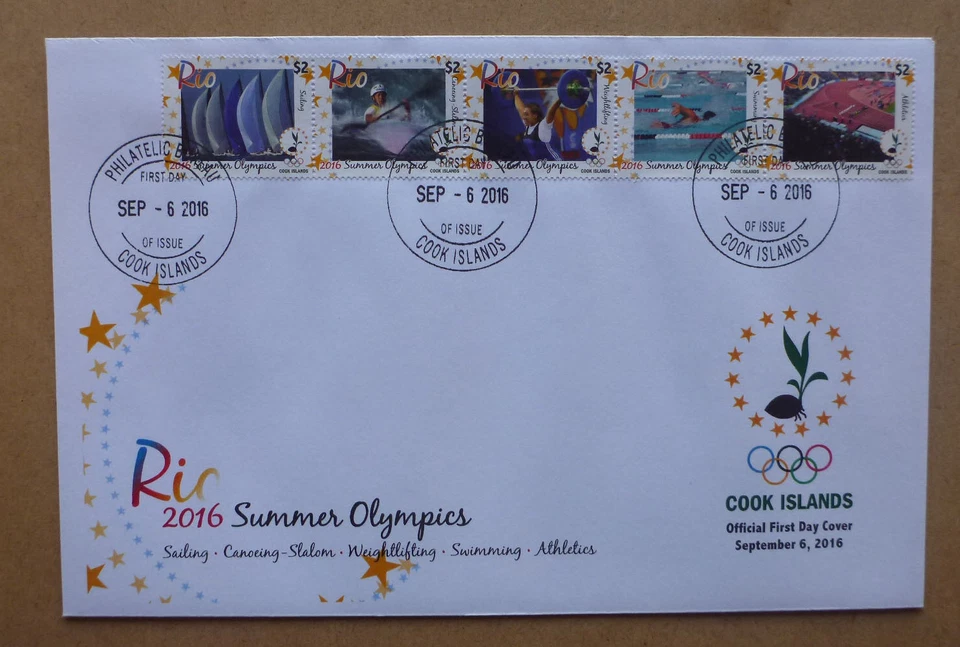2016 COOK ISLANDS RIO OLYMPICS SET 5 STAMPS LARGE FDC FIRST DAY COVER - Image 1 of 1