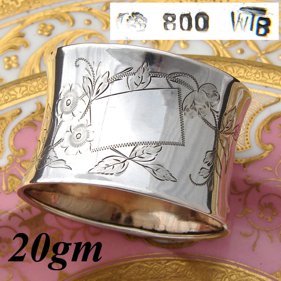 Antiguo Anillo Servilletero Continental Plata .800 2", Decoración Floral y Foliada Foto 1 de 4