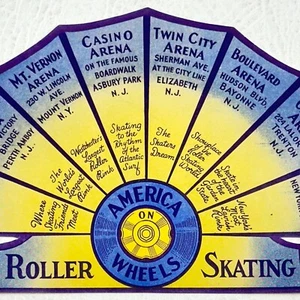 Etiqueta de patinaje sobre ruedas America on Wheels de la década de 1940 NJ NY etiqueta estilo ventilador multi pista - Imagen 1 de 3