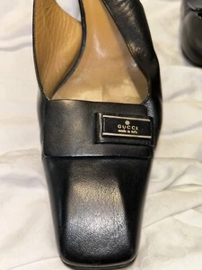 Vintage Gucci Logo Women Sling Back Black Leather Heels Size 9B square toe - Picture 1 of 9